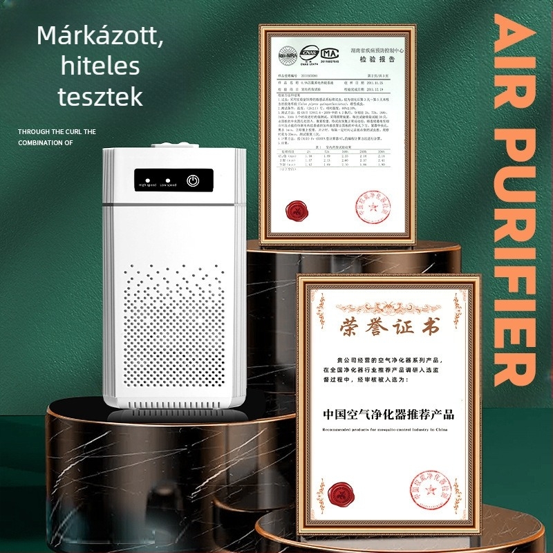 USB asztali légtisztító negatív ionokkal, formaldehid-eltávolítás és szagelszívás; légáram >400 m³/h, zaj <36 dB, USB táplálás, aktív szén, UV és ózon technológia, 61 m²+ lefedettség