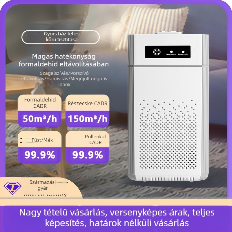 USB asztali légtisztító negatív ionokkal, formaldehid-eltávolítás és szagelszívás; légáram >400 m³/h, zaj <36 dB, USB táplálás, aktív szén, UV és ózon technológia, 61 m²+ lefedettség