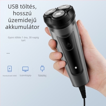 Elektromos borotva 3fejű lebegő forgó fejjel; mosható; beépített 500–800 mAh akkumulátor; 3W motor; akár 60 perc működés.