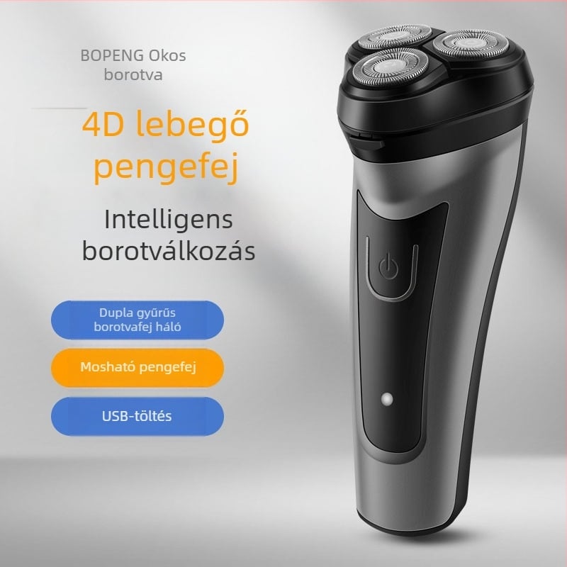 Elektromos borotva 3fejű lebegő forgó fejjel; mosható; beépített 500–800 mAh akkumulátor; 3W motor; akár 60 perc működés.