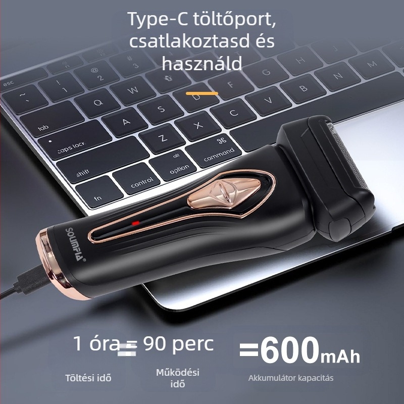 Elektromos borotva recirkuláló két pengés fejjel; teljesen mosható test; LED kijelző; USB töltés; 1 órás akkumulátor-üzemidő.