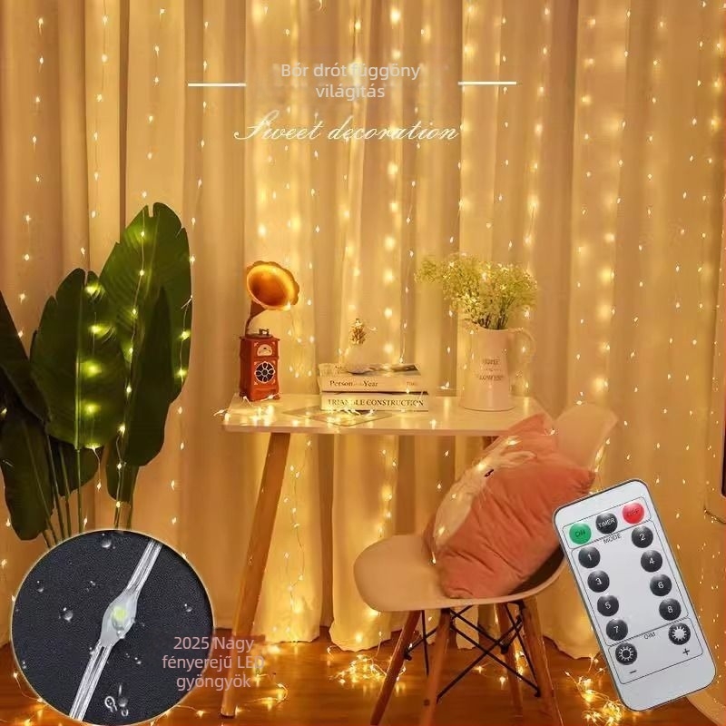 LED függönyfüzér világítás, kültéri vízálló, USB távirányítóval, színes váltakozó fények és fényhatások