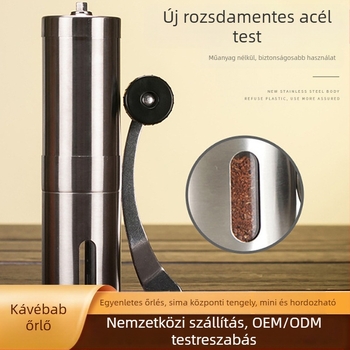 Kézi hordozható rozsdamentes acél kávébab-őrlő, testreszabható feldolgozás és lézergravírozott logó – Márka T.J