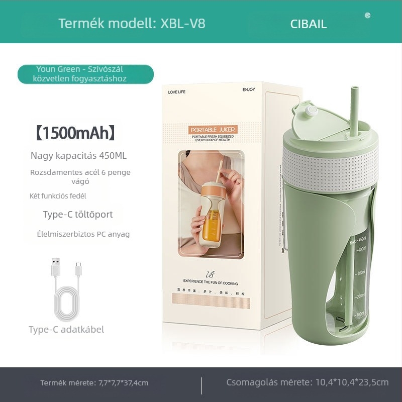 Hordozható, vezeték nélküli gyümölcsleves pohár, magas fordulatszámú 12001–15000 rpm, kapacitás 401–600 ml, 50W, beépített akkumulátor, PC élelmiszeripari műanyag