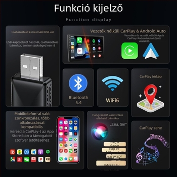 Vezeték nélküli CarPlay adapter Android Auto vezeték nélküli támogatással a gépjármű navigációjához (Súly: 70 g; Anyag: Műanyag; Modell: AB019; Márka: Thunder code; Kompatibilis a 98%-os autómodellekkel)
