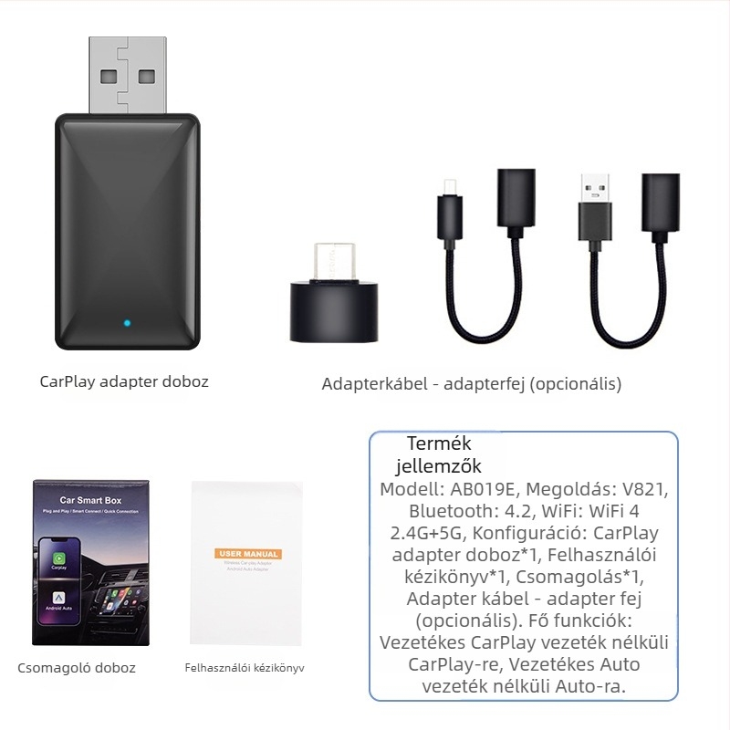 Vezeték nélküli CarPlay adapter Android Auto vezeték nélküli támogatással a gépjármű navigációjához (Súly: 70 g; Anyag: Műanyag; Modell: AB019; Márka: Thunder code; Kompatibilis a 98%-os autómodellekkel)