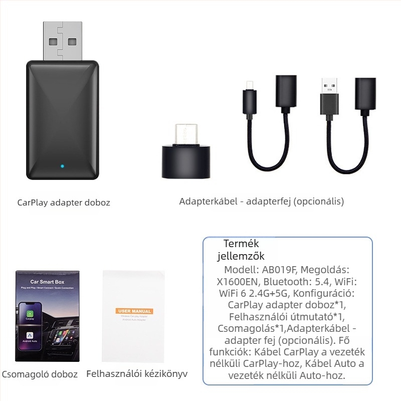 Vezeték nélküli CarPlay adapter Android Auto vezeték nélküli támogatással a gépjármű navigációjához (Súly: 70 g; Anyag: Műanyag; Modell: AB019; Márka: Thunder code; Kompatibilis a 98%-os autómodellekkel)