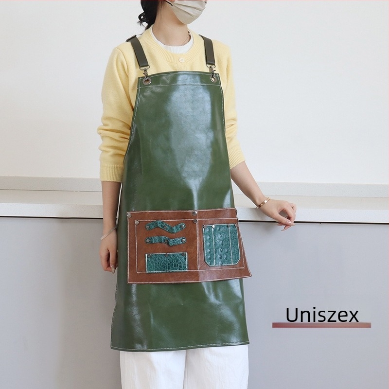 Uniszex ujj nélküli PU bőr kötény, vízálló, levehető nagy zsebbel