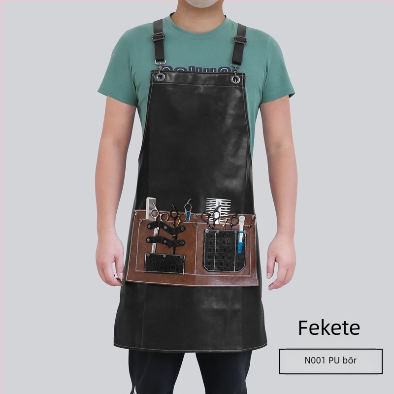 Uniszex ujj nélküli PU bőr kötény, vízálló, levehető nagy zsebbel