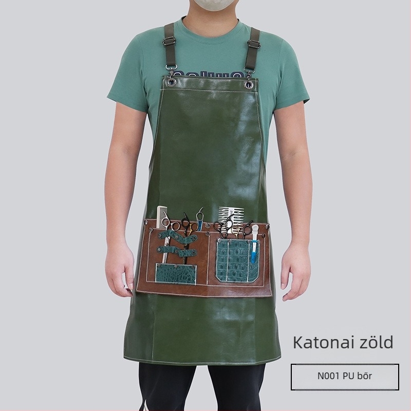 Uniszex ujj nélküli PU bőr kötény, vízálló, levehető nagy zsebbel