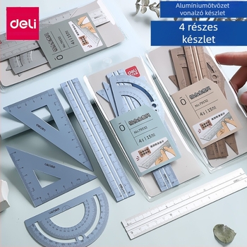 Deli 79532 fém vonalzó készlet szögmérővel, diákoknak, alumínium ötvözetből