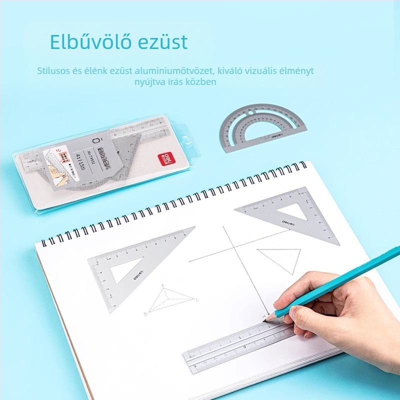 Deli 79532 fém vonalzó készlet szögmérővel, diákoknak, alumínium ötvözetből