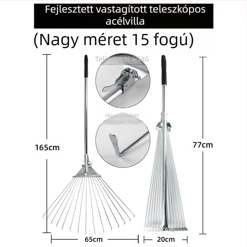 Nyújtható fűgereblye rozsdamentes acélból, állítható, többfogú, modell DCAO-003