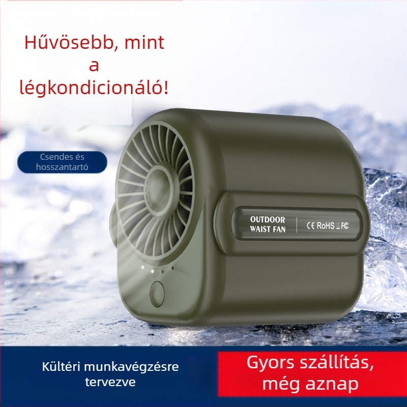 Kültéri nyak-/derékviselő ventilátor USB töltéssel, beépített 6000mAh akkumulátorral, 5 lapát, 4 fokozatú légáramlás