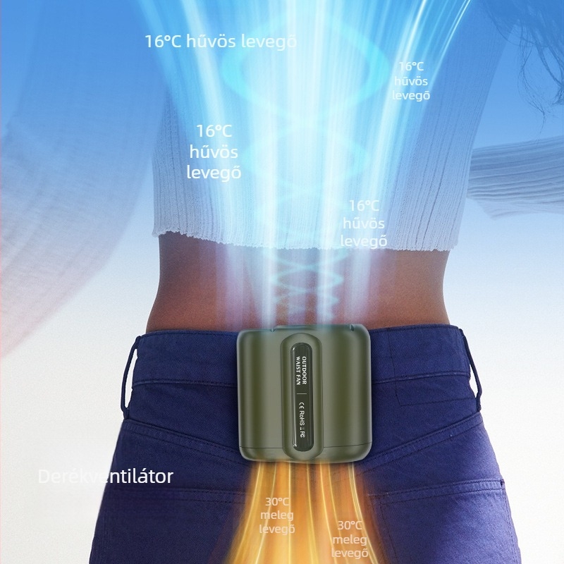 Kültéri nyak-/derékviselő ventilátor USB töltéssel, beépített 6000mAh akkumulátorral, 5 lapát, 4 fokozatú légáramlás