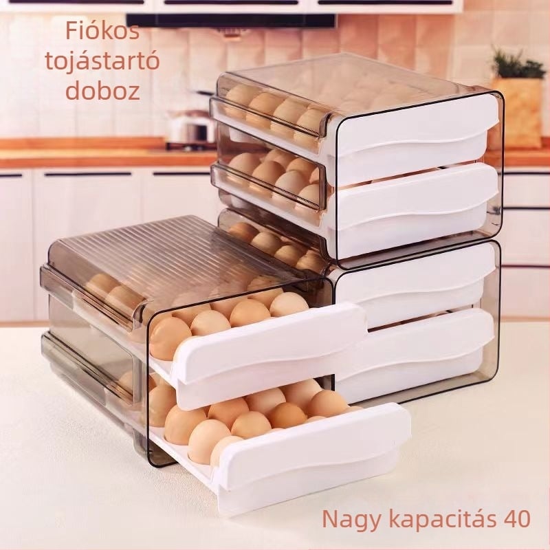 Tojás tároló doboz hűtőszekrényhez, fiókos kialakítású, dupla rétegű, átlátszó, modern és egyszerű dizájn