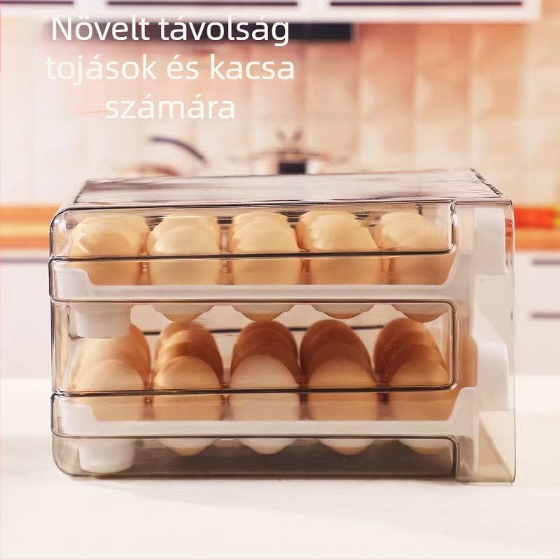 Tojás tároló doboz hűtőszekrényhez, fiókos kialakítású, dupla rétegű, átlátszó, modern és egyszerű dizájn