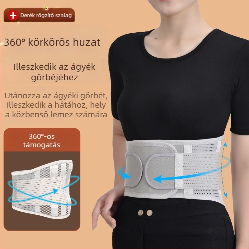 Derék-támogató öv lumbális acéllemez-sel, uniszex, légáteresztő, egész szezonos használatra, sporthoz és ülő tevékenységekhez