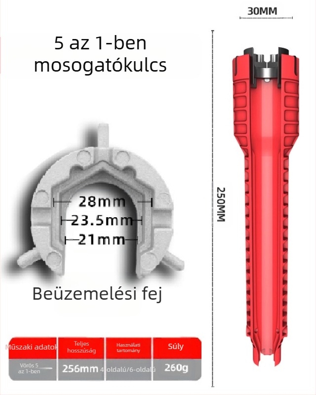 Mosogatóhoz való csőkulcs, S2 szerszámacél, műanyag felület, telepítéshez csapokra és szögváltó szelepekre