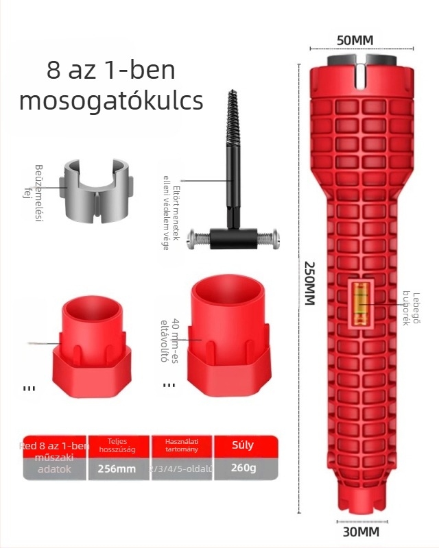 Mosogatóhoz való csőkulcs, S2 szerszámacél, műanyag felület, telepítéshez csapokra és szögváltó szelepekre