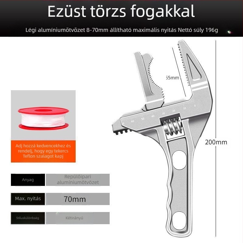 Mosogatóhoz való csőkulcs, S2 szerszámacél, műanyag felület, telepítéshez csapokra és szögváltó szelepekre