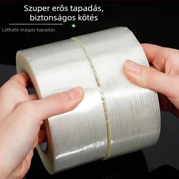 Üvegszálas szalag – nagy viszkozitás, csíkos háló mintázat, rost alapanyag, forró olvadó ragasztó, vastagság 0,14 mm, viszkozitás 600 N/m