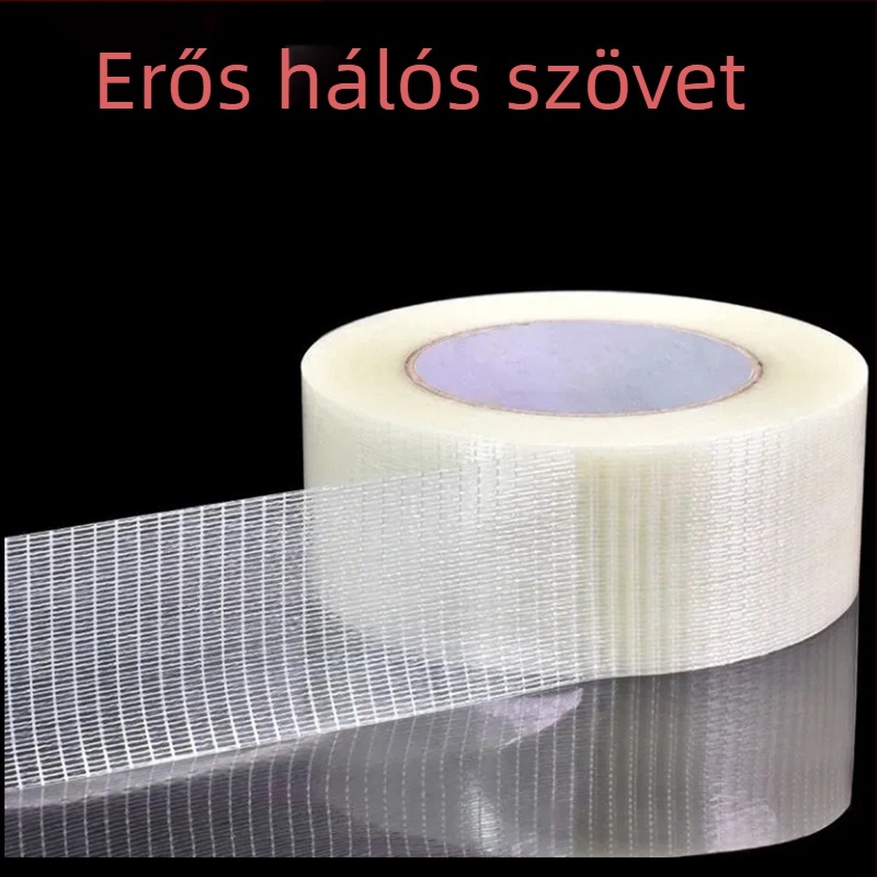Üvegszálas szalag – nagy viszkozitás, csíkos háló mintázat, rost alapanyag, forró olvadó ragasztó, vastagság 0,14 mm, viszkozitás 600 N/m
