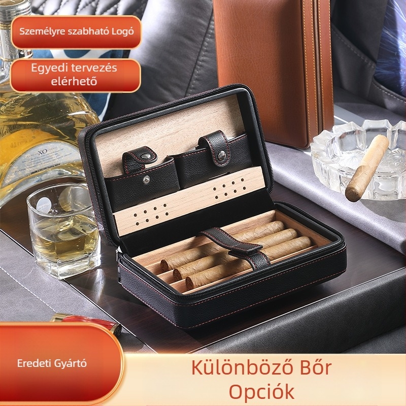 Egyéni szivar humidor – 4 darabos hordozható cipzáras tok, cédrusfa belső, logó nyomtatás, minimalist design