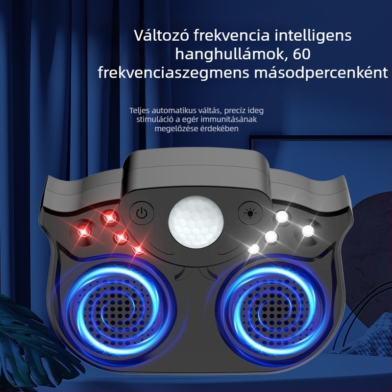 Nagy teljesítményű ultrahangos rágcsálóriasztó kettős hangszóróval, intelligens impulsus fény, 220V, 3W, ABS ház
