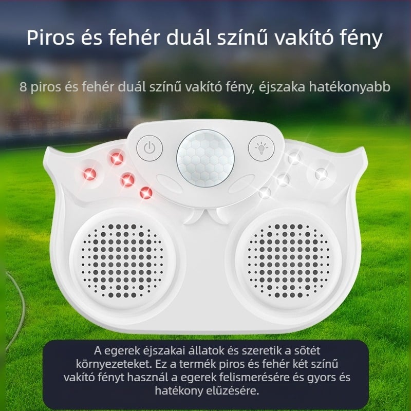 Nagy teljesítményű ultrahangos rágcsálóriasztó kettős hangszóróval, intelligens impulsus fény, 220V, 3W, ABS ház