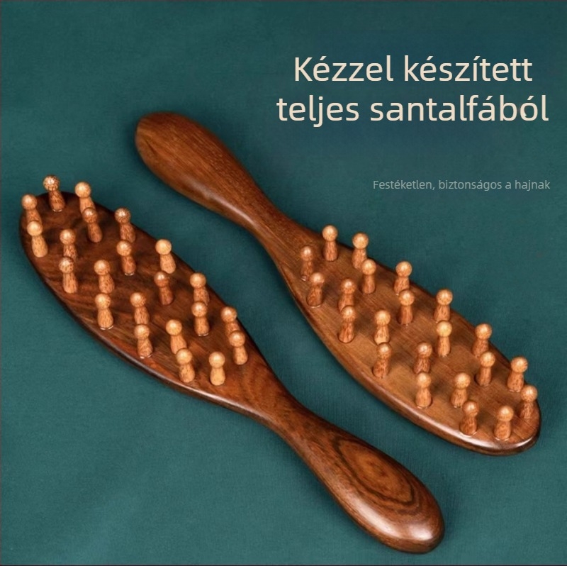 Szantálfa masszázs fésű, 22 fog, hosszú fa nyél, Jing County eredetű