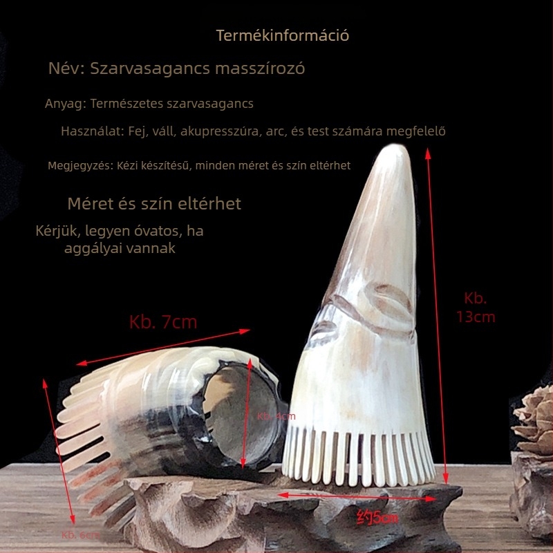 Masszázs fésű szarvból, széles fogú, a haj mosására és a fejbőr masszírozására