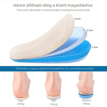 Magasságot növelő talp GEL-el, öntapadó, puha ütéscsillapítás, hátsó párna, állítható magasság; Anyagok: PU, gel, nem-szőtt, velúr; Alkalmas sportcipőkhöz, bőrcipőkhöz, casual, meleg cipők, textile cipők; Funkció: magasság növelése; Kategória: sarka talp