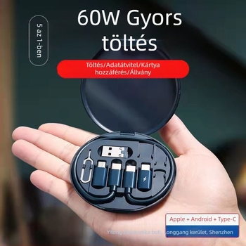 5 az 1-ben gyors töltő dokk 60W-os kimenettel, USB-C/Lightning/Micro USB csatlakozók, PVC ház