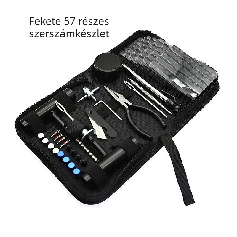 57 darabos gumi javító készlet, modell 057, acél szerszámok: 40CR/45#/Q235, autók, motorkerékpárok és elektromos járművek számára, Oxford vászon táska és bőrtokba csomagolva