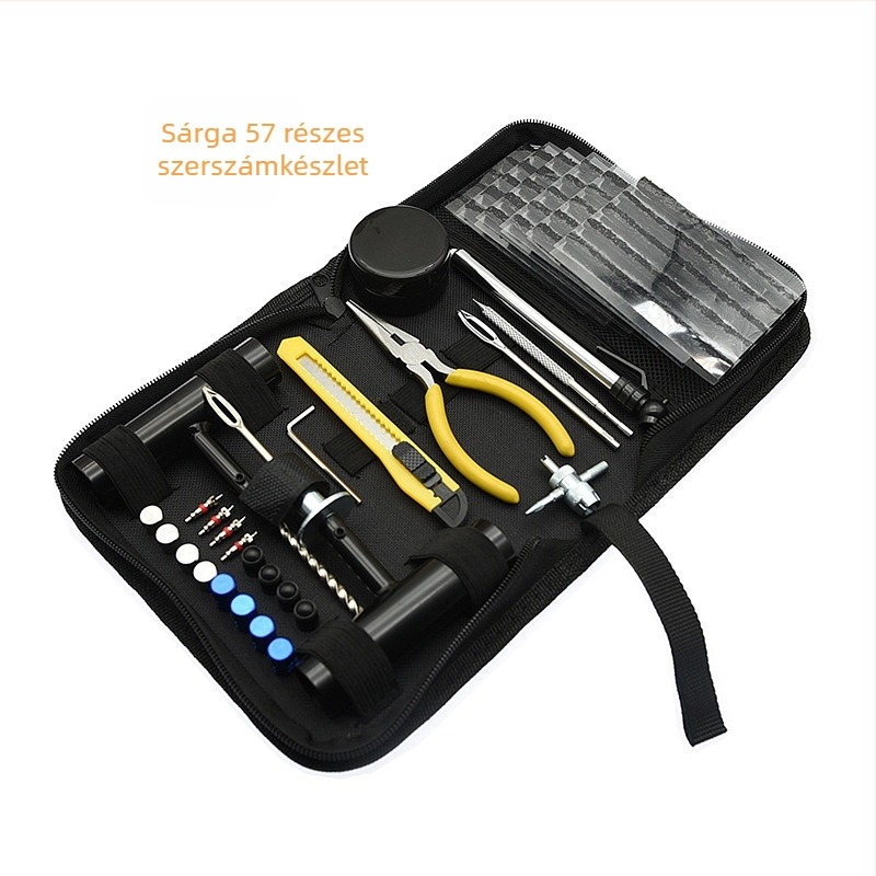 57 darabos gumi javító készlet, modell 057, acél szerszámok: 40CR/45#/Q235, autók, motorkerékpárok és elektromos járművek számára, Oxford vászon táska és bőrtokba csomagolva