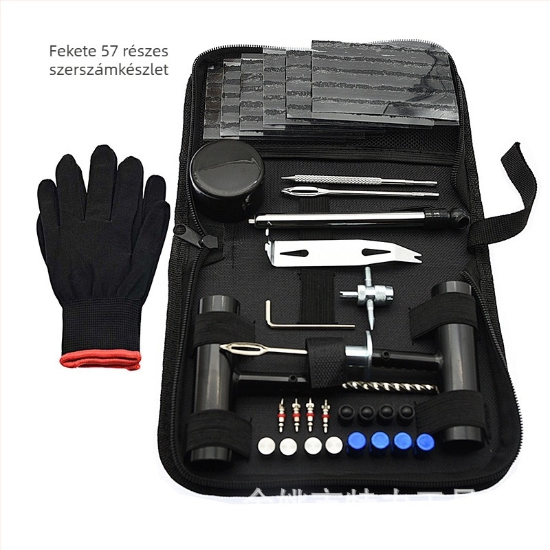 57 darabos gumi javító készlet, modell 057, acél szerszámok: 40CR/45#/Q235, autók, motorkerékpárok és elektromos járművek számára, Oxford vászon táska és bőrtokba csomagolva