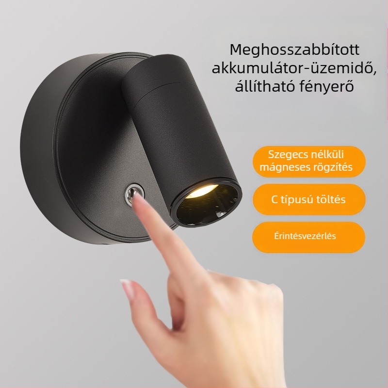 USB-tölthető falikar mágneses COB spotlámpával, vezeték nélküli kivitel, LED falra szerelhető világítás hálószobára és faliképhez