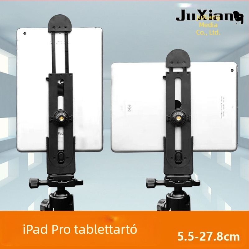 Tablettatartó síklipsz, ABS, max terhelés 2 kg, függőleges és vízszintes rögzítés, kompatibilis iPad és okostelefonokkal, tripod kiegészítő