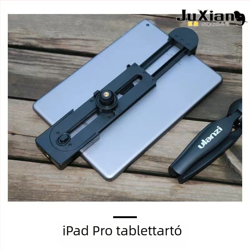 Tablettatartó síklipsz, ABS, max terhelés 2 kg, függőleges és vízszintes rögzítés, kompatibilis iPad és okostelefonokkal, tripod kiegészítő