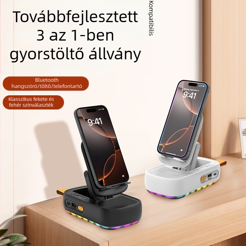 Asztali telefon-tartó Bluetooth hangszóróval, multifunkcionális forgó és összecsukható 3-az-1-ben, hordozható