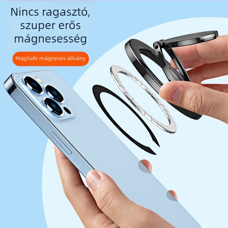 Okostelefon-gyűrűtartó, elektroplatinált mágneses fém, összecsukható és forgó dizájn, Apple-kompatibilis