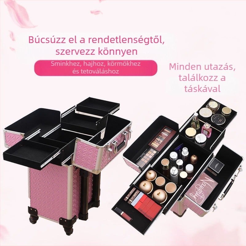 Professzionális görgős sminktáska sminkeseknek – PU anyag, zárható, geometriai minta, univerzális kerekek, nyitás zárófül, Bayer márka, súly 5.8 kg