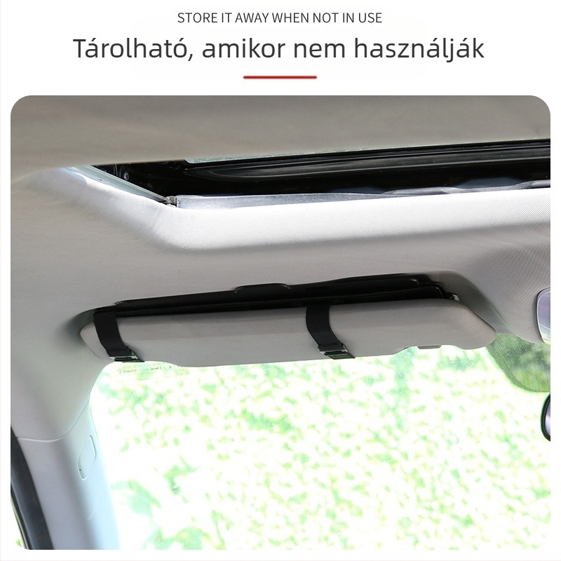 Autóhoz való napellenző rejtett szemvédővel – Anyag: PU bőr + PC/PP lemezek; Testreszabás: Igen; Logó nyomtatás: Igen; Szerelés: csatolós köteg; Tömeg: 250 g
