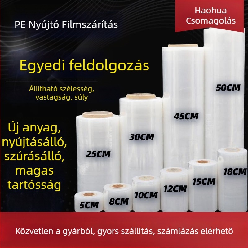 Csomagoló Stretch film, PE anyag, Haohua márka, testreszabható feldolgozás; alkalmas csomagolásra, oltásra növényeknél, por-, nedvesség- és vízálló védelem.