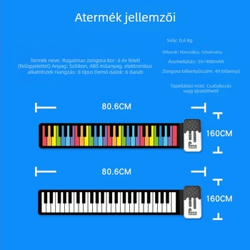 K6 49-nyomógombos hordozható szilikon elektronikus orgona beépített hangszóróval, 32-vozes polifónia, 100 hangszín, újratölthető