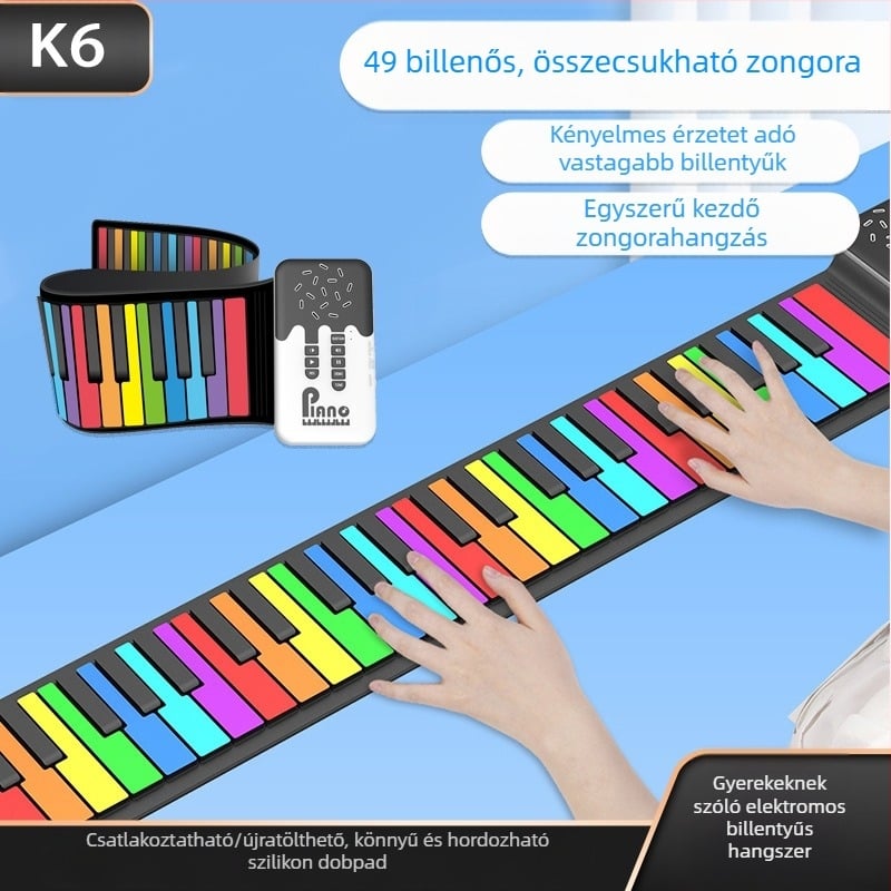 K6 49-nyomógombos hordozható szilikon elektronikus orgona beépített hangszóróval, 32-vozes polifónia, 100 hangszín, újratölthető