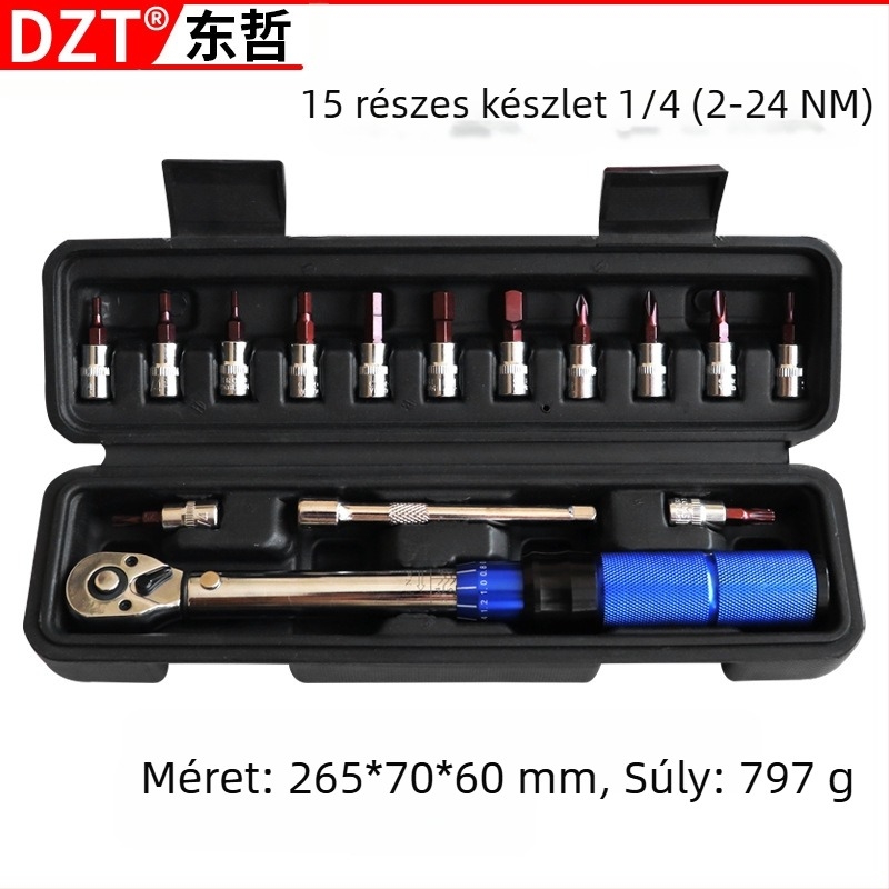Nyomatékkulcs, 15 részes készlet, 72-fogú racsnis kulcs, állítható, 2–24 N·m, ipari minőség