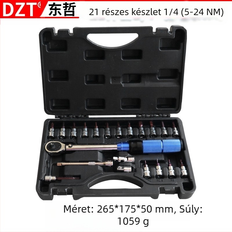 Nyomatékkulcs, 15 részes készlet, 72-fogú racsnis kulcs, állítható, 2–24 N·m, ipari minőség