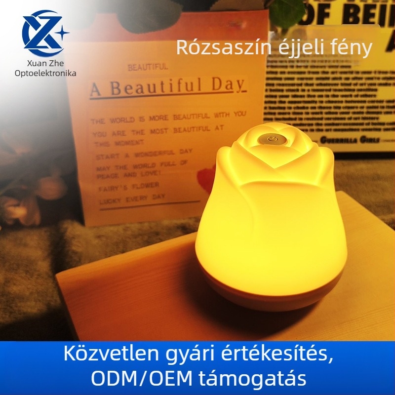 Rózsa formájú LED éjjeli lámpa az éjjeliszekrényhez, újratölthető, szemvédő, lágy fény, modern minimalista stílus